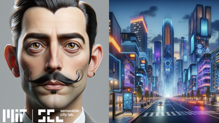 Two AI generated images, on the left a mustached human representing DALL-E. On the right, a futuristic city rendered in neon colors. 