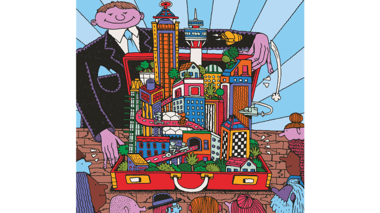 Cartoon of a male presenting figure in a suit holding open a briefcase with a full city inside.