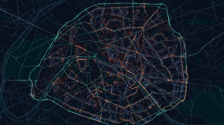 Map of the city of Paris, shows street networks and the river against a dark blue background. Streets are traced over in different layers of color and intensity of color to demonstrate traffic flows.