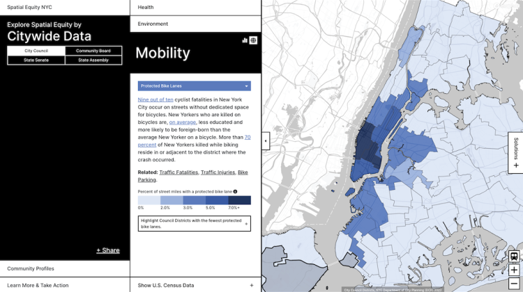 Screenshot of the Spatial Equity website, showing protected bike paths in the city council districts. The map demonstrates a concentration in lower Manhattan and a lack of resources in other boroughs 