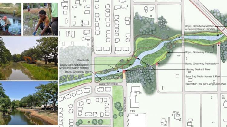 A series of three four images depict the landscape of the site on the left. On the right 2/3s of the image, a drawing of the site, detailing how the urban fabric interacts with the river area highlights key features of the site