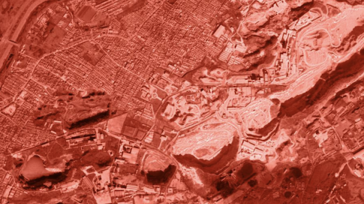 Tangshan seen from above with a red filter applied