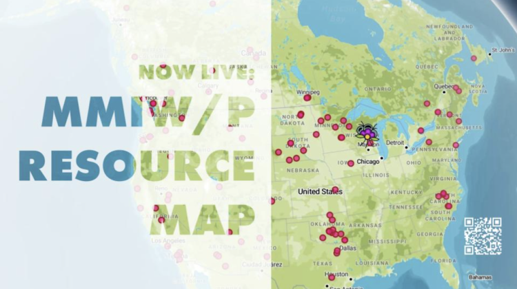 Map of North America with pins dropped across the map. On the left, a semi-opaque white background allows readers to see 'Now Live MMIW/P Resource Map'