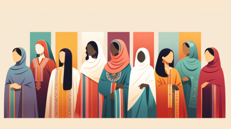 Illustration of multiple women wearing various types of clothing, aligned against a multicolored background