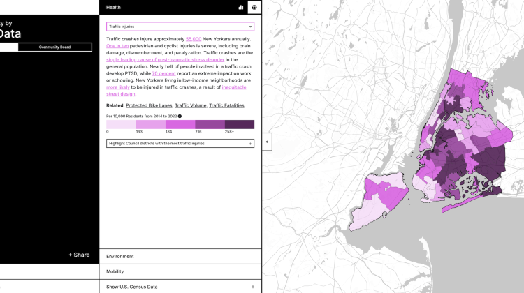 Screenshot of the Spatial Equity NYC website, with data for traffic fatalities mapped onto neighborhoods in NYC