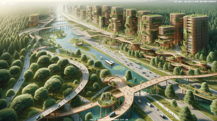 Heavily forested urban environment is imagined integrating nature with mobility infrastructure and tower style living.