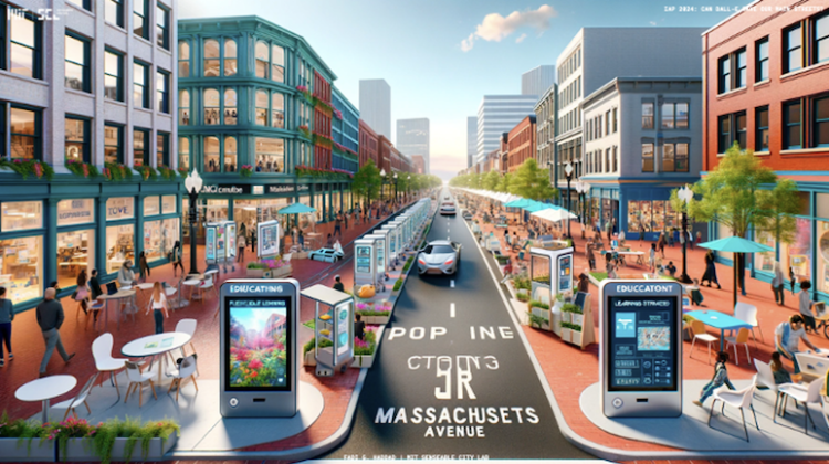 Rendering of Mass Ave, showing much of the space dedicated to pedestrians and public use, with a central two lane road with EVs.