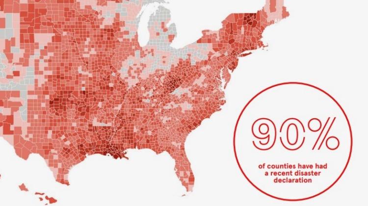 county map of United States colored red by disasters