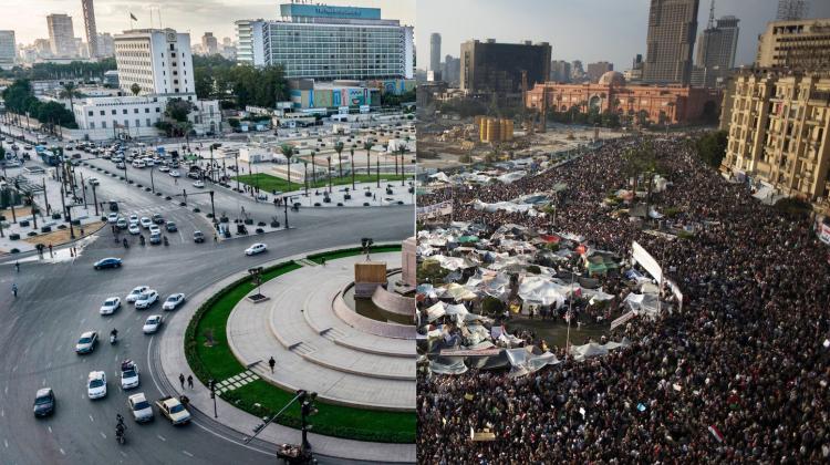 Image is split down the middle, showing one half with cars and motor cycles using a roundabout, the other half of the image shows the space being used for public protest and gathering - filled with people.