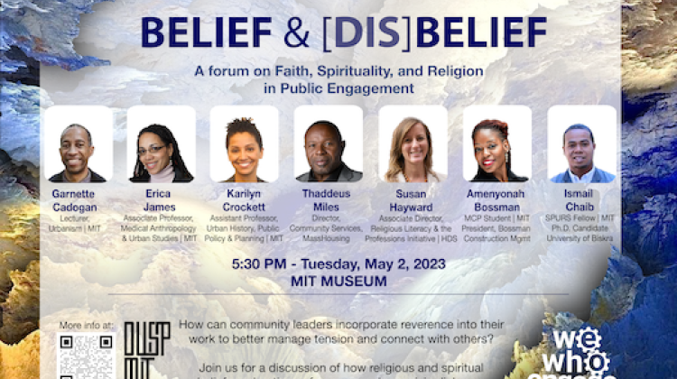 Poster for Belief and Disbelief, information about the speakers (as well as headshot) and the event is included