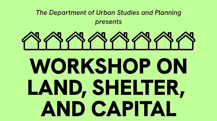 A green event poster with black writing and black figures of houses on it