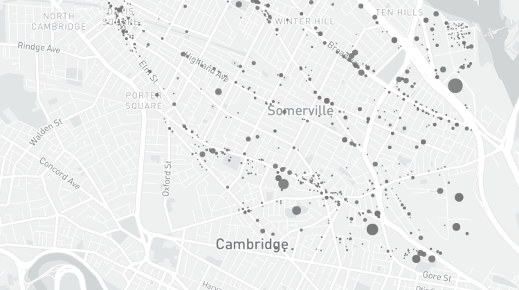 Map of Somerville, MA with dots representing volumes of traffic centered around urban amernities