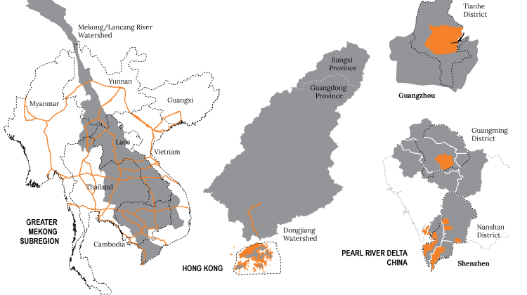 Map of the Greater Mekong Subregion, the Dongjiang watershed, and the Pearl River Delta. Watershed areas are shaded in a dark gray and infrastructure near the watershed is highlighted in bright orange.