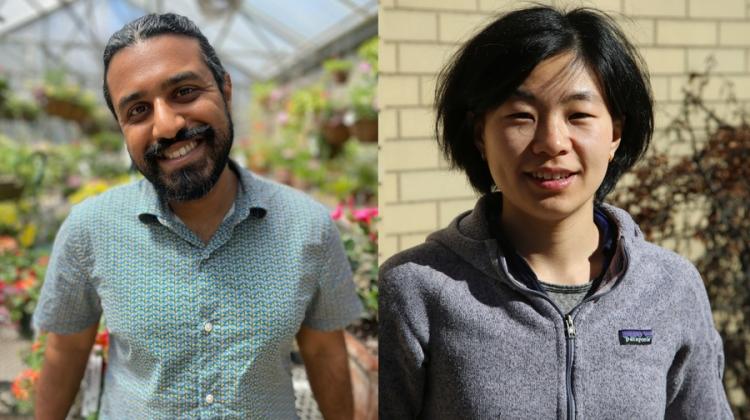 Photo of Gokul Sampath standing in a greenhouse of flowers, next to a photo of Jie Yun standing outside with a tan brick wall for background