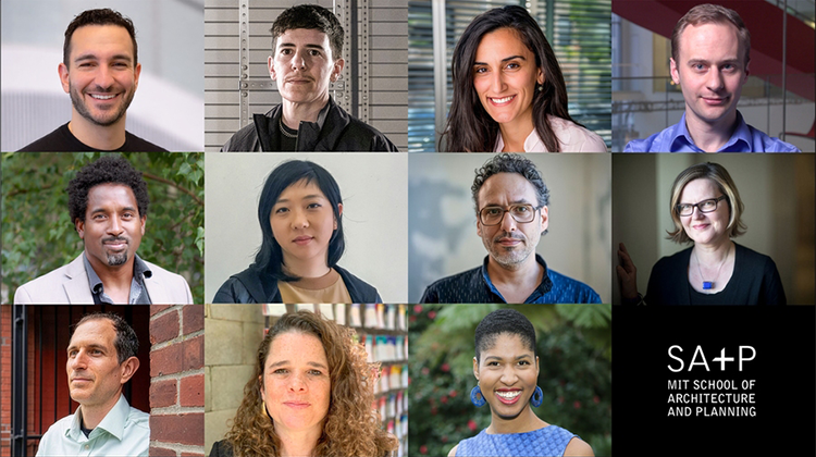 A grid of headshots four long and three high, with a black box at the very right of the lowest third row with the white SA+P logo in it