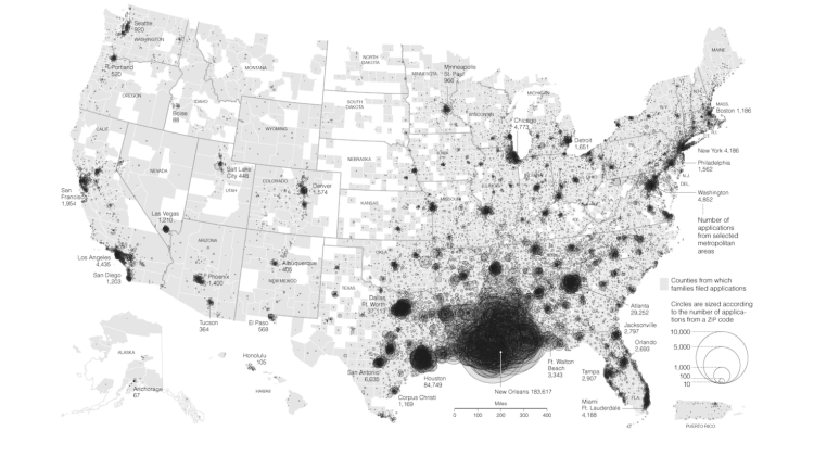 Hurricane Katrina victims have filed for assistance from FEMA from every state. The map shows the distribution and number of the 1.36 million individual assistance applications as of Sept. 23, 2005.