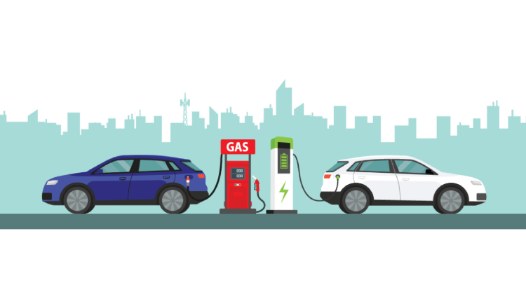 Cartoon of two single occupancy vehicles, a blue one on the left is fueling at a gas pump, a white one on the right is charging at an electric meter. In the background a light green city skyline can be seen.