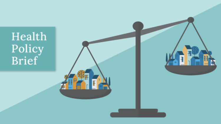 Illustration of a set of scales, with icons representing neighborhoods in each scale basket, the scale is tipped in the favor of one neighborhood. On the far left there is a colored box with the text, "Health Policy Brief"