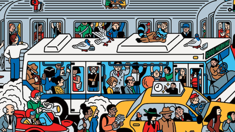 Cartoon depicting many modes of commuting: public transit (train, bus), ride sharing, walking, cycling, and remote work.