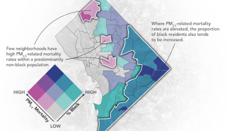 A map of Washington DC neighborhoods with two color codes, one which measures density of the Black population while another measures the PM 2.5 mortality rates