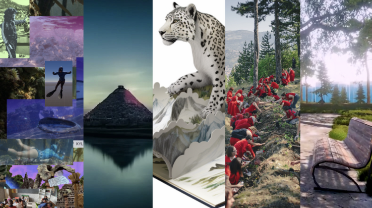 Five strips show different visual projects: collage of people and sea-related scenes; mesoamerican pyramid next to a pool of water, illustration of a snow leopard; photo of 30 or so people wearing red outfits, digging in a trench; a park bench next to some trees 