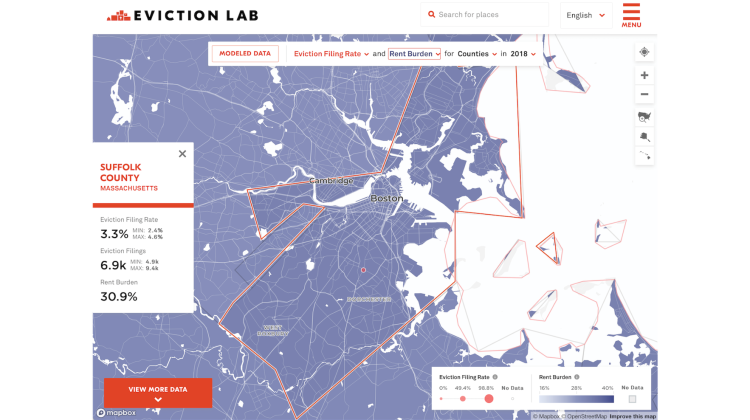 Map of the Greater Boston Area with eviction data overlaid. Credit: Eviction Lab