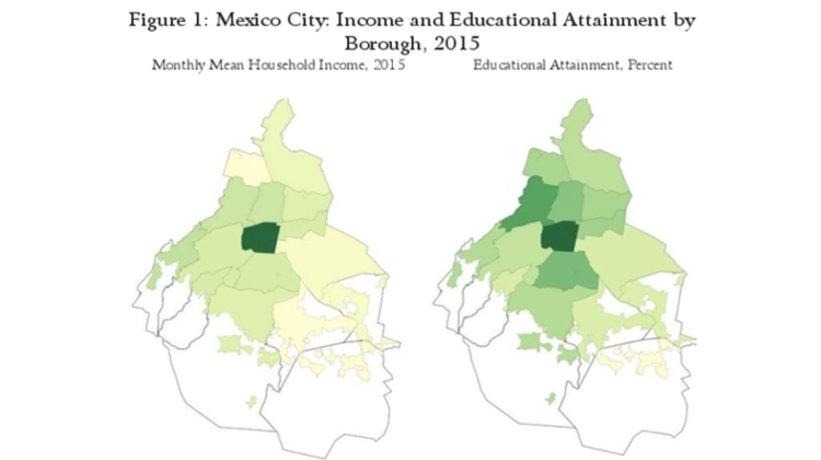 Two maps of Mexico City, sectioned into boroughs. The left map shows pesos per month income, with lighter green indicating lower income and darker green indicating higher earnings. The right map uses the same scheme to demonstrate educational attainment, the maps mirror one another in the shading across boroughs.