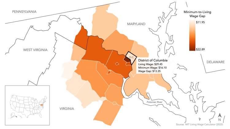 Map of the greater Washington DC metro area, with counties marked in a gradient of dark to light orange to show the gap between a minimum and living wage 