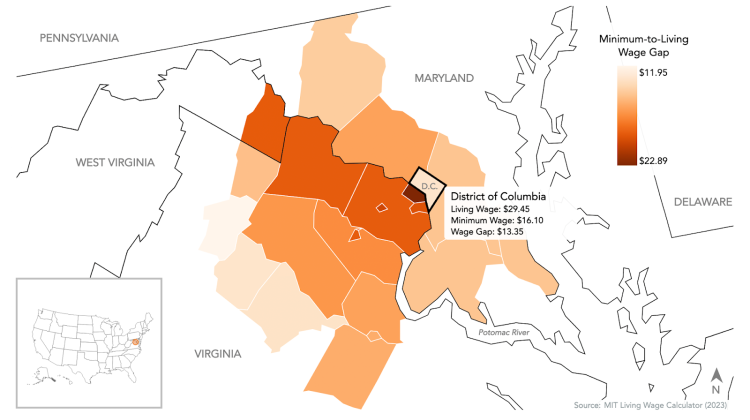 Map of the greater Washington DC metro area, with counties marked in a gradient of dark to light orange to show the gap between a minimum and living wage