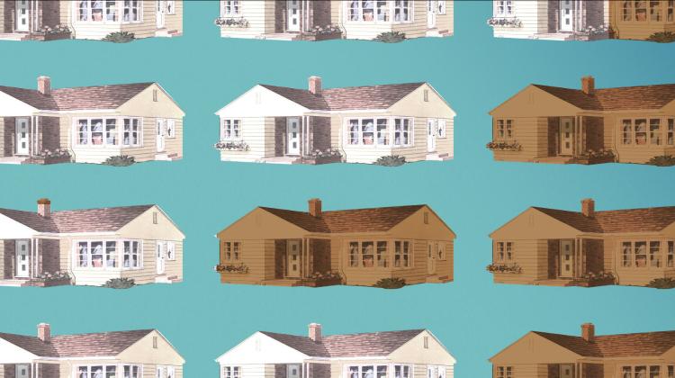 A drawing of a single family home is repeated across a teal background, a small number of the houses have a filter applied, pushing their color darker in tone.