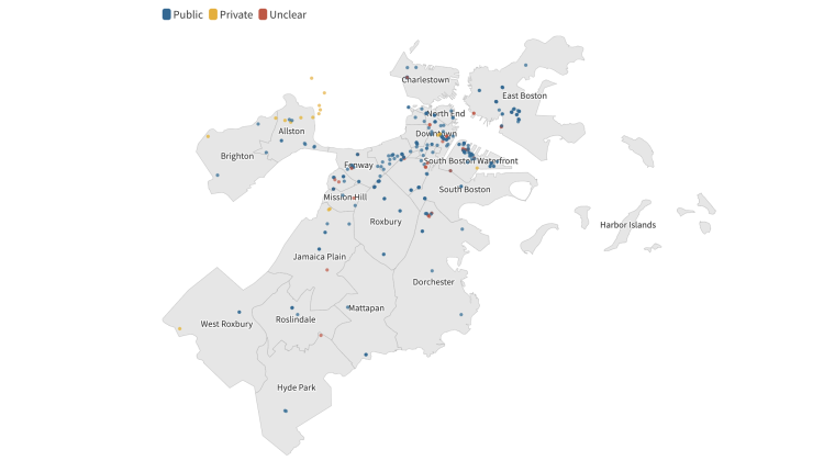 Map of Boston neighborhoods with EV charging infrastructure represented by colored dots. The greatest concentration can be seen in and directly adjacent to downtown, while other's have little in the way of coverage/support.