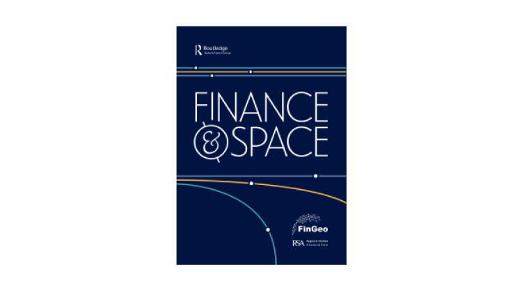 Cover of Finance and Space - shows a navy background with white text. The bottom third of the cover has three lines with one crossing horizontally, one with a slight curve to the bottom right and the third with a significant curve to the middle bottom of the cover.