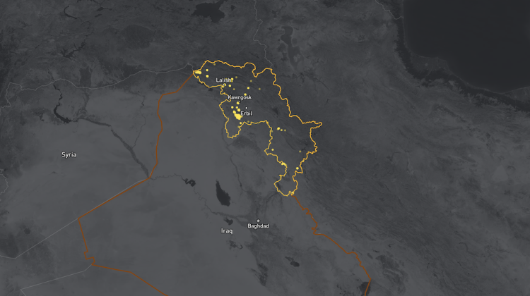 Map showing Iraq, Syria, and parts of Turkey. A yellow border highlights the study area in Northern Iraq as well as the three cities detailed. Yellow dots representing the intensity of flaring in Northern Iraq.