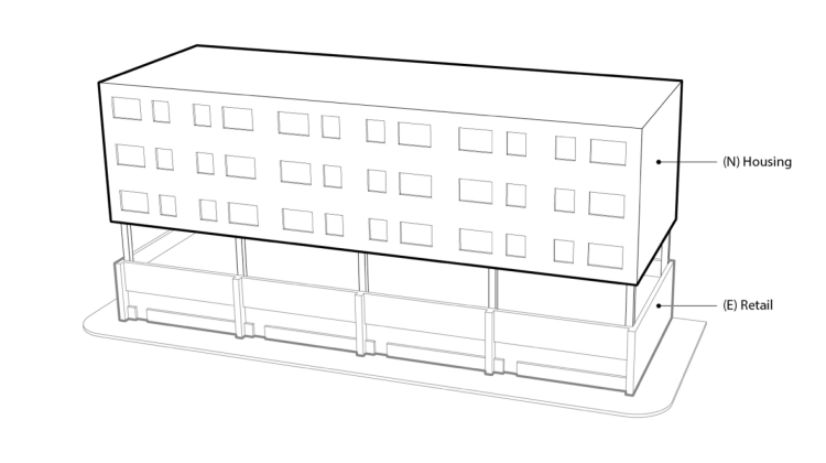 Drawing of a single story of retail space with an extension of multi-family housing situated above the retail space