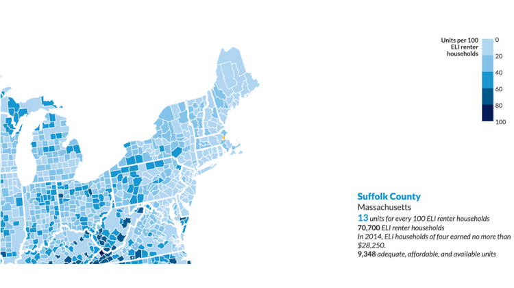 Map showing US counties, each is a shade of blue with darker shades indicating more units per 100 ELI renter households. Suffolk County has 12 units for every ELI renter household. Most of the state of MA is a similar variation of blue.