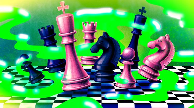 Stylized illustration of chess pieces on a chess board. Interwoven with the chess pieces, is a neon green organic trail, representing air pollution.