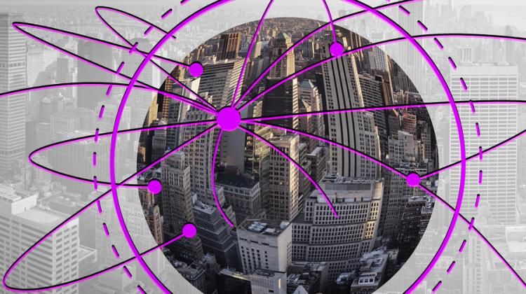 A circular fish-eye photo of a cityscape, with an overlay of pink lines with nodes connecting parts of the city
