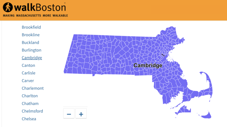 Screenshot of the WalkBoston Report a Problem website interface, shows the state of MA by county with the ability to click on those counties (either as a spatial representation or as a name) and report a problem for walkability.