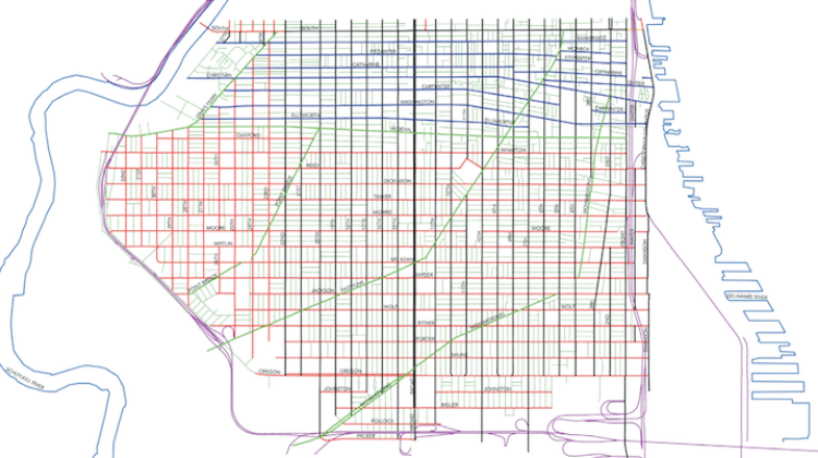 Analytical map of South Philadelphia unplanned and expansion grid in 2022, together with tertiary streets, existing roads and twentieth- century highways