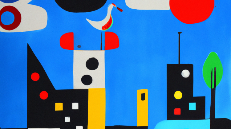 Generated illustration of homes, Miro style housing units rendered in basic shapes and colors