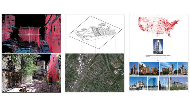 Three types of data visualizations are shown, using different types of data. In the first, LiDAR maps the outlines of the built environment, in the second historical data is mapped onto satellite imaging, and in the third, volunteered data is mapped using GIS