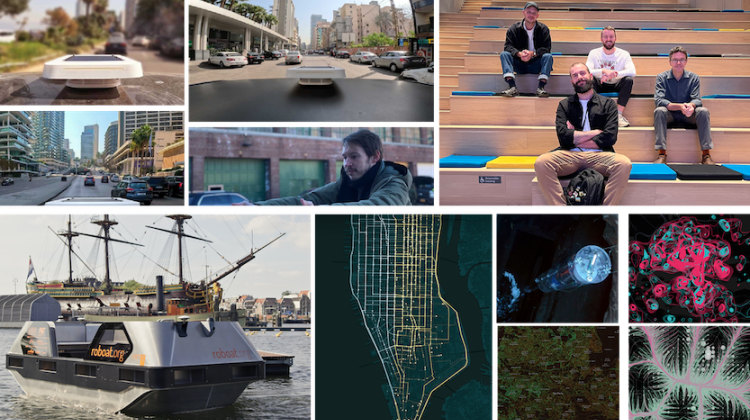 Collage of images from various SCL projects. At the top right, images of sensors collecting data on vehicles as they navigate a city. Top left, an image of the four team members responsible for the exhibition at MIT Museum. Bottom right, image of Rowboat with the USS Constitution in the background. Center bottom, traffic flows in Manhattan, bottom left, various maps interpreting data on a physical city landscape