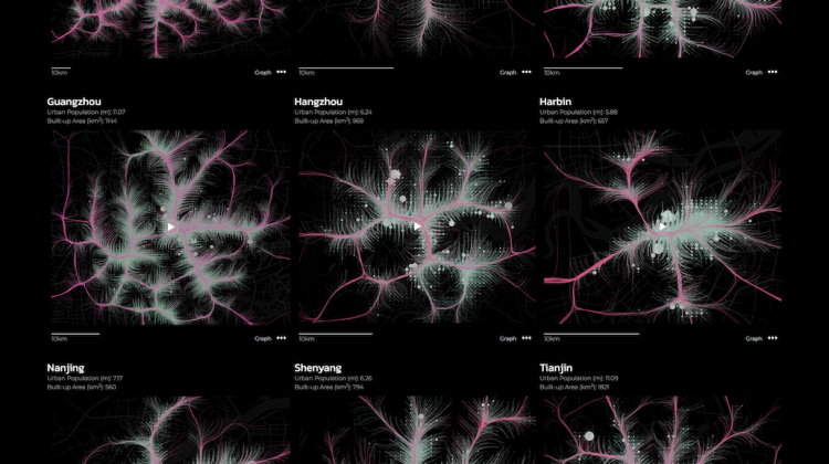 Nine maps of various cities in china can be seen, each is displayed on a black background with branching mobility networks displayed in white