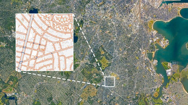 In the background of this image is a screenshot of Google Earth, looking at the city from above, in a small area is a grid that has been zoomed in upon and the pedestrian network in that space is outlined in orange.