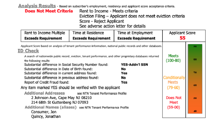 Screenshot of an example of a tenant screening services report, that uses multiple databases and then compiles a score to decide if a candidate should be rejected from renting housing