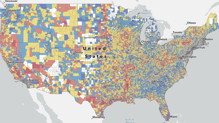 A map on the CONUS, that displays data via census tract. In gradients from red to blue, each tract displays a risk index from high to low.