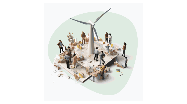 AI generated illustration of a wind turbine centered in a table, with individuals carrying out a discussion about plans and data surrounding the table