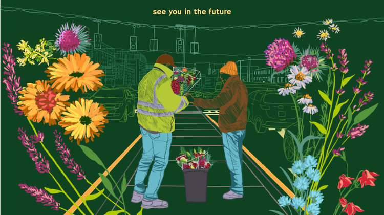 Illustration shows two individuals, centered, with bouquets of flowers. Around them, in the background are elements situating them in an urban environment (traffic lights, multi-story buildings, and SOV). In the foreground are flowers which bracket the entire illustration. At the top of the image is the text, see you in the future.