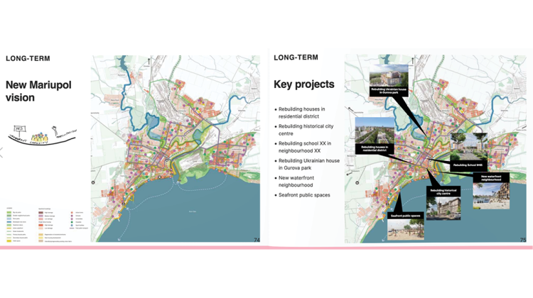 Screenshot of two pages of Big City Lab’s presentation “Maripol 2050.” The left page transposes over a grayscale map with areas where planners and developers could implement a polycentric city of the future. The right page shows a mock-up of a city street embodying the principals of the polycentric city and highlighting the importance of schools as anchor institutions.  