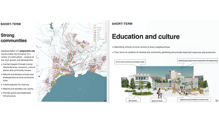 Screenshot of two pages of Big City Lab’s presentation “Maripol 2050.” The left page shows the combined new vision for Mariupol, combing the ideas proposed in the presentation on a map of the city. The left page shows key long-term projects that could help planners achieve their envisioned city. 